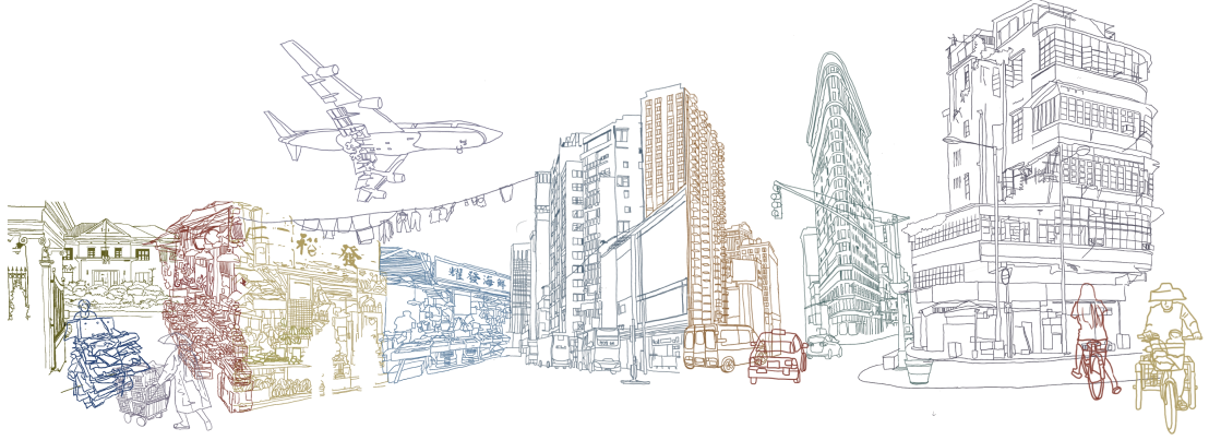 Hand-drawn skyline blending Hong Kong and New York City